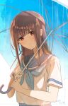  1girl aqua_neckerchief aqua_sailor_collar aqua_skirt aqua_umbrella blue_hair blush closed_mouth commentary_request dated hibike!_euphonium highres holding holding_umbrella kitauji_high_school_uniform long_hair looking_at_viewer neckerchief sailor_collar sawara65 school_uniform shirt short_sleeves skirt smile solo umbrella umbrella_over_shoulder white_shirt yoroizuka_mizore 