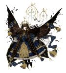  1girl angel angel_wings black_wings blue_dress brown_hair classic_lolita cross dress facial_mark feathered_wings feathers floating floating_hair frilled_dress frilled_sleeves frills gold_tiara halo head_wings highres layered_dress littlebluemuffin lolita_fashion long_hair long_sleeves original puffy_long_sleeves puffy_sleeves renaissance_clothes sketch sparkle tassel tiara very_long_hair white_background white_eyes wings 