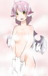  1girl animal_ears bird_ears blush breasts commentary_request completely_nude cowboy_shot feathered_wings highres holding holding_unworn_clothes koma_kitsune_(kururito) looking_at_viewer mystia_lorelei navel nude open_mouth pink_background purple_hair purple_wings short_hair small_breasts smile solo steam_controller touhou wings yellow_eyes 
