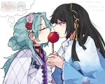  2girls aqua_hair bang_dream! bang_dream!_girls_band_party! black_choker black_hair braid candy_apple choker commentary crown_braid english_commentary english_text flower food hair_flower hair_ornament hair_ribbon highres hikawa_sayo holding holding_candy_apple holding_food japanese_clothes kimono logo long_hair multiple_girls open_mouth purple_eyes ribbon samuperior shared_food shirokane_rinko white_kimono 