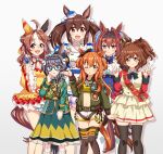  6+girls ahoge aiguillette animal_ears apron aston_machan_(flare)_(umamusume) aston_machan_(umamusume) belt black-framed_eyewear black_bow black_bowtie black_hair black_thighhighs blowing_kiss blue_bow blue_eyes blue_gloves blue_jacket blue_nails blue_skirt blush bomber_jacket bow bowtie braid breasts brown_belt brown_hair brown_ribbon center_frills choker cleavage closed_eyes closed_mouth collarbone collared_shirt commentary_request copano_rickey_(eightfold_fortune)_(umamusume) copano_rickey_(umamusume) crop_top crown crown_braid daiwa_scarlet_(peak_blue)_(umamusume) daiwa_scarlet_(umamusume) detached_sleeves dog_tags double_bun double_v dress ear_bow ear_covers ear_ornament ear_ribbon epaulettes fang fingerless_gloves frills glasses gloves green_belt green_eyes green_jacket green_skirt guncerlevin hair_between_eyes hair_bun hair_intakes hair_ornament hair_scrunchie hand_on_own_hip hat highres hishi_akebono_(buono_alla_moda)_(umamusume) hishi_akebono_(umamusume) horse_ears horse_girl horse_tail index_finger_raised jacket juliet_sleeves large_breasts layered_legwear layered_skirt long_hair long_sleeves looking_at_viewer mayano_top_gun_(scramble_zone)_(umamusume) mayano_top_gun_(umamusume) medium_breasts midriff mini_crown mini_hat mismatched_ear_covers multicolored_hair multiple_girls navel one_eye_closed open_clothes open_jacket open_mouth orange_tail parted_lips puffy_sleeves red_eyes red_nails red_sash red_scrunchie red_sleeves ribbon sash scrunchie shirt short_sleeves shorts shoulder_sash simple_background skirt small_breasts smile socks striped_clothes striped_dress tail tassel tassel_hair_ornament thighhighs tiara tilted_headwear twintails two_side_up umamusume v very_long_hair white_background white_choker white_hair white_jacket white_shirt white_shorts white_skirt white_socks white_thighhighs white_wrist_cuffs wrist_cuffs yellow_dress yellow_sleeves zenno_rob_roy_(heroic_author)_(umamusume) zenno_rob_roy_(umamusume) 