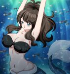  1girl armpits arms_up bikini black_bikini black_hair blue_eyes blush breasts cleavage collarbone english_commentary fish hair_between_eyes highres hilda_(pokemon) large_breasts looking_at_viewer merfolk mermaid monster_girl navel ngt_(wah_ngt) open_mouth pokemon pokemon_black_and_white solo stomach strapless strapless_bikini swimsuit underwater 
