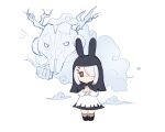  1girl alternate_costume animal_hood arknights chargepro chibi chibi_only chinese_commentary commentary_request dress frostnova_(arknights) full_body grey_eyes grey_hair hair_ornament hair_over_one_eye hairclip highres hood medium_hair one_eye_closed own_hands_together patriot_(arknights) rabbit_girl scar scar_on_face scar_on_nose shaped_cloud simple_background standing white_background white_dress 