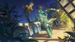  2boys absurdres animal_ear_fluff animal_ears aqua_hair aqua_shirt arabian_clothes arm_behind_back bandana bandana_around_neck black_jacket black_pants blue_eyes braid brown_hair building commentary covering_own_mouth english_commentary facing_away full_body green_pants highres hyena_ears jacket long_hair looking_at_another male_focus middle_eastern_architecture minajael_tealrajah multicolored_hair multiple_boys night on_railing orange_bandana pants plant potted_plant railing ruggie_bucchi savanaclaw_dorm_uniform shirt smirk standing standing_on_one_leg streaked_hair twisted_wonderland window yaoyaobae yellow_shirt 