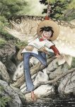  1980s_(style) 1boy arm_up black_eyes black_hair blue_pants brown_hat char_(fish) fish fishing_rod forest happy hat highres holding holding_fishing_rod layered_sleeves log long_sleeves male_focus mihira_sanpei missing_tooth nature official_art open_mouth outdoors painting_(medium) pants plant projected_inset red_shirt retro_artstyle river sandals shirt short_hair short_over_long_sleeves short_sleeves smile solo standing standing_on_one_leg straw_hat teeth third-party_source traditional_media tsurikichi_sanpei upper_teeth_only water waterfall white_shirt yaguchi_takao 