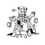  1girl blush book chenwei_jun chinese_commentary commentary_request crescent crescent_hat_ornament dated dress floating floating_book floating_object full-face_blush greyscale hat hat_ornament heart highres jitome long_sleeves mob_cap monochrome open_book open_mouth patchouli_knowledge pile_of_books pornography sitting sketch smile solo spoken_heart touhou 