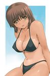  bikini black_bikini breasts brown_eyes brown_hair cleavage covered_nipples frame halftone halftone_background head_tilt ishida_masayuki large_breasts looking_at_viewer lowres one-piece_tan original sitting sky smile solo swimsuit tan tanline 