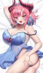  1girl :d absurdres arm_behind_head ass blue_eyes blue_nightgown blue_panties blue_streaks blush bow breasts bright_pupils camisole cleavage commentary_request demon_girl demon_horns fang frills hair_intakes hand_on_own_ass highres horns kanan-sama_wa_akumade_choroi kanan_(kanan-sama) large_breasts lo_xueming looking_at_viewer multicolored_eyes multicolored_hair nightgown on_bed panties pink_hair pointy_ears red_bow red_eyes red_horns simple_background slit_pupils smile smug strap_slip streaked_hair two-tone_eyes two-tone_hair underwear v-shaped_eyebrows 