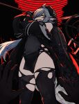 1girl absurdres arknights attacking_viewer bare_shoulders black_gloves black_shirt commentary_request detached_sleeves feet_out_of_frame gloves grey_hair hair_over_one_eye highres holding holding_staff hood hood_up long_hair long_sleeves looking_at_viewer mooswig one_eye_covered pelvic_curtain pointy_ears pov pov_hands shirt sleeveless sleeveless_shirt solo staff standing tail thighhighs thighs tomimi_(arknights) torn_clothes torn_thighhighs very_long_hair yellow_eyes 