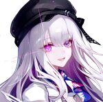  1girl :d black_hat chinese_commentary colored_inner_hair commentary_request hat honkai:_star_rail honkai_(series) long_hair looking_at_viewer multicolored_hair nihilux_(honkai:_star_rail) no_eyewear open_mouth portrait purple_eyes sheya simple_background smile solo white_background white_hair 