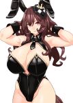  1girl absurdres adjusting_hair alternate_breast_size_(larger) alternate_costume alternate_hairstyle armpits arms_up black_collar black_leotard black_necktie black_wrist_cuffs breasts cleavage collar commentary_request cowboy_shot detached_collar ear_covers ear_ornament gentildonna_(umamusume) groin hair_between_eyes hair_down highleg highleg_leotard highres huge_breasts kouma_(kumkouma) leotard long_hair looking_at_viewer necktie nontraditional_playboy_bunny parted_lips red_eyes short_necktie simple_background solo strapless strapless_leotard umamusume white_background wrist_cuffs 