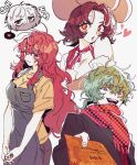  2boys 2girls apron aqua_eyes bare_arms bare_shoulders black_jacket black_pants black_suit blush breasts brown_hair chibi chibi_inset cleavage commentary_request crazy_smile crew_neck cropped_torso curtained_hair double-parted_bangs egokoro_nao green_hair hair_between_eyes heart holding holding_paper jacket kageyama_ranmaru kimi_ga_shine kmgsn_yap korean_commentary long_hair long_sidelocks looking_at_viewer looking_to_the_side low_neckline low_ponytail lower_lip_only medium_breasts midori_(kimi_ga_shine) multiple_boys multiple_girls neckerchief pants paper parted_bangs parted_lips polka_dot polka_dot_scarf ponytail red_eyes red_hair red_neckerchief red_scarf scarf shirt short_hair short_sleeves sidelighting sidelocks simple_background smile spoken_heart suit tareme tsurugi_mai v_arms very_long_hair wavy_hair white_background wrist_cuffs yellow_shirt 