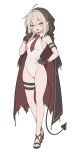  1girl :d black_cloak black_gloves black_sandals blush breasts brown_eyes brown_necktie cloak demon_tail fingerless_gloves full_body gloves grey_hair hair_between_eyes hand_on_own_hip hand_up hood hood_up hooded_cloak knees leotard necktie original pointy_ears sandals simple_background small_breasts small_sweatdrop smile solo standing sweat tail waero white_background white_leotard 