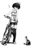  bicycle bow camisole cat greyscale ground_vehicle idolmaster idolmaster_(classic) kikuchi_makoto legs monochrome nekopuchi shoes short_hair shorts sneakers solo thighhighs 