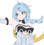  1girl ahoge animq2323 bare_shoulders blue_eyes blue_hair blush braid breasts closed_mouth elbow_gloves flower_hairclip gloves hair_ornament hairclip long_hair mole mole_on_shoulder seed_(zenless_zone_zero) simple_background smile solo unfinished upper_body white_background white_gloves zenless_zone_zero 