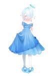  1girl absurdres alternate_costume arona_(blue_archive) ash_(cat7evy) bare_shoulders blue_archive blue_dress blue_hair blue_halo blush braid closed_eyes collarbone colored_inner_hair commentary_request dress full_body hair_over_one_eye halo heart highres holding_own_dress multicolored_hair open_mouth pantyhose pink_hair simple_background solo standing strapless strapless_dress teeth upper_teeth_only white_background white_pantyhose 