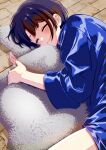  1girl absurdres airiillust2 alternate_costume black_hair blue_shirt blush closed_mouth commentary_request highres holding holding_pillow hololive oozora_subaru pillow shirt short_hair sleeping smile solo virtual_youtuber wooden_floor 