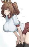  1girl absurdres animal_ears aston_machan_(umamusume) black_thighhighs blush breasts brown_hair buruma commentary crown green_eyes gym_shirt hair_between_eyes hair_ornament hair_scrunchie highres horse_ears horse_girl horse_tail iog626 large_breasts leaning_forward mini_crown one_side_up open_mouth red_buruma red_scrunchie scrunchie shirt solo sweat tail thighhighs tilted_headwear tracen_training_uniform umamusume 