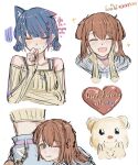  2girls :q ;q animal_ears arm_under_breasts blue_hair blue_pants blush brown_hair cat_ears cat_girl chase_my_ideal_idol!_(project_sekai) choker closed_eyes closed_mouth collarbone corrupted_file crop_top cropped_torso cuddling dog_ears dog_girl double_bun flustered four-finger_heart_hands grey_eyes hair_bun hair_ornament hanasato_minori hand_on_own_chin hands_on_another's_cheeks hands_on_another's_face heart heart_hair_ornament heart_hands highres holding kemonomimi_mode kiritani_haruka long_hair long_sleeves looking_at_viewer midriff multiple_girls multiple_views off-shoulder_sweater off_shoulder official_alternate_costume official_alternate_hairstyle one_eye_closed open_mouth pants project_sekai rise_as_one!_(project_sekai) short_hair sidelocks simple_background sleeves_past_wrists smile sweatdrop sweater sxz3a tongue tongue_out translation_request upper_body white_background yellow_sweater 