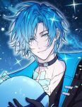  1boy altventurer_(regis_altare) black_choker black_gloves blue_hair blue_theme choker closed_mouth collared_jacket creature gloves green_eyes highres holding holding_creature holostars holostars_english holostars_english_idol_uniform jacket male_focus official_alternate_costume regis_altare shin_diena short_hair slime_(creature) smile upper_body virtual_youtuber 