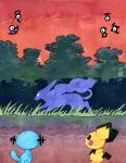  commentary dusk english_commentary forest grass highres nature no_humans painting_(medium) pichu pokemon pokemon_(creature) pokemon_focus pokemon_gold/silver/crystal silhouette sky suicune traditional_media trulyavaporeon unown unown_b unown_e unown_g unown_t unown_u watercolor_(medium) watermark wooper 