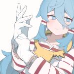  1girl blue_eyes blue_hair blush ch00suke closed_mouth commentary_request cuffs gloves hair_between_eyes hair_tubes handcuffs highres long_hair long_sleeves looking_at_viewer miyadeguchi_mizuchi prison_clothes red_shirt revision shackles shirt simple_background solo striped_clothes striped_shirt touhou two-tone_shirt upper_body white_background white_gloves white_shirt 
