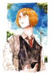  1boy bag black_sweater_vest blonde_hair blue_sky brown_eyes cellphone dress_shirt ee_(ekk1mukk) haikyuu!! holding holding_phone kozume_kenma male_focus multicolored_hair necktie outdoors phone power_lines red_necktie roots_(hair) school_uniform shirt short_hair shoulder_bag sky slit_pupils smartphone solo sweater_vest upper_body utility_pole white_shirt 
