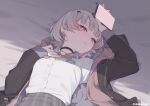  1girl artist_name asumi_sena asumi_sena_(4th_costume) bed_sheet black_choker black_jacket bow bowtie choker collared_shirt commentary cross_hair_ornament from_above grey_bow grey_bowtie grey_hair hair_ornament heart heart_necklace heart_pendant holding holding_phone jacket jewelry long_sleeves loose_bowtie lying multicolored_hair necklace niboshidrip on_bed open_mouth phone pink_eyes pink_jacket pink_streaks plaid_clothes plaid_skirt pleated_skirt shirt short_hair skirt solo streaked_hair upper_body virtual_youtuber vspo! white_shirt 