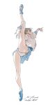  1girl absurdres arabesque_(pose) ass ballet ballet_slippers blue_skirt breasts brown_hair commentary dated dated_commentary en_pointe highres holding_own_leg looking_to_the_side nabipenciller original panties plaid_clothes plaid_skirt shirt signature simple_background skirt solo split standing standing_on_one_leg standing_split underwear white_background white_panties white_shirt 