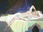  1boy arms_behind_head arms_up aventurine_(honkai:_star_rail) barefoot bed bed_sheet blonde_hair blue_eyes commentary curtains double-parted_bangs english_commentary groin hair_between_eyes highres honkai:_star_rail honkai_(series) indoors long_hair looking_at_viewer male_focus nipples nude pectorals pillow solo swamptuft under_covers window 