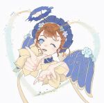  1girl absurdres angel angel_wings bare_shoulders blue_choker blue_eyes blue_flower blue_halo blue_wings brown_hair chinese_commentary choker commentary_request cropped_torso detached_sleeves dot_nose eyelashes fake_halo fake_wings floating_hair flower flower_sleeves fur_halo gilded_dreamsong_(infinity_nikki) hair_flower hair_ornament halo happy heart heart_choker highres infinity_nikki lace-trimmed_choker lace_trim light_blush light_particles long_sleeves looking_at_viewer maid_headdress nikki_(series) official_alternate_color one_eye_closed open_mouth outstretched_arms puffy_long_sleeves puffy_sleeves purple_flower ribbon short_hair smile solo tareme teeth wavy_hair white_background wings yellow_ribbon yellow_sleeves yonghutylm 