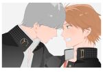  2boys blush border brown_hair commentary dress_shirt forehead-to-forehead from_side grey_background grey_hair hanamura_yousuke heads_together highres houndstooth jacket male_focus multiple_boys narukami_yu open_clothes open_jacket persona persona_4 quansiwang school_uniform shirt short_hair simple_background untranslatable_commentary white_border white_shirt yaoi yasogami_school_uniform 
