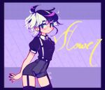  1girl alternate_costume appetite_of_a_people-pleaser_(vocaloid) black_nails black_shirt blush character_name commentary emocheeto english_commentary flower_(vocaloid) flower_(vocaloid4) ghost_and_pals highres multicolored_hair purple_background purple_eyes purple_streaks shirt short_hair short_shorts shorts streaked_hair suspender_shorts suspenders vocaloid white_background 