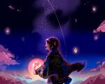  1boy absurdres black_hair blue_cape blue_cloak blush cape cloak cloud commentary_request constellation_print cowboy_shot crescent crescent_hair_ornament fire from_side gradient_sky hair_ornament highres holding holding_lantern lantern long_sleeves looking_afar mahoutsukai_no_yakusoku male_focus open_mouth orange_eyes outdoors pants profile red_eyes serien shino_sherwood short_hair sky solo sun_print twilight white_pants yellow_trim 