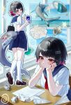  1girl absurdres alternate_costume black_hair blue_sailor_collar blue_skirt blush brown_shoes chair character_name closed_mouth colored_inner_hair commentary ellen_joe english_commentary fins fish_tail hair_ornament hands_on_own_cheeks hands_on_own_face highres holding holding_phone indoors looking_at_viewer mole mole_under_eye multicolored_hair multiple_views neckerchief on_chair paper paper_airplane phone pleated_skirt red_eyes red_hair red_nails red_neckerchief sailor_collar school_uniform serafuku shark shark_girl shark_tail shoes short_hair sitting skirt socks solo tail two-tone_hair white_socks yamisroot zenless_zone_zero 