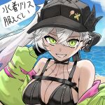  1girl absurdres bare_shoulders baseball_cap bikini black_bikini black_hands black_hat blue_sky body_markings breasts choker cleavage colored_extremities commentary_request crossed_bangs day demon_girl demon_horns fate/grand_order fate_(series) green_eyes green_jacket grey_hair grin hair_between_eyes haleluya0707 hat high_ponytail highres horns jacket lilith_(fate) lilith_(swimsuit_rider)_(first_ascension)_(fate) long_hair long_sleeves looking_at_viewer medium_breasts multicolored_jacket off_shoulder pink_jacket pointy_ears ponytail shore sky smile solo swimsuit translation_request two-tone_jacket zipper_bikini 