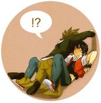  2boys bad_id bad_pixiv_id black_hair brown_hair circle green_eyes male_focus multiple_boys no_hat no_headwear ookido_green pokemon pokemon_(game) pokemon_hgss pokemon_rgby red_(pokemon) red_(pokemon_rgby) red_eyes speech_bubble surprised tsukimushi 