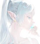  1girl bare_shoulders blue_eyes blue_flower commentary_request dress earrings elf eyelashes flower flower_to_mouth frieren grey_hair half-closed_eyes hand_up highres holding holding_flower jewelry long_hair parted_bangs parted_lips pointy_ears portrait profile ronuma sleeveless sleeveless_dress solo sousou_no_frieren thick_eyebrows twintails white_background white_dress 