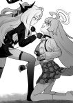  2girls absurdres ahoge animal_ears blue_archive blush collar collared_shirt commentary dog_ears dog_girl dog_tail english_commentary fang fingerless_gloves gloves greyscale halo highres hina_(blue_archive) horns hoshino_(blue_archive) id_card kemonomimi_mode kneehighs kneeling long_hair manmaderain monochrome multiple_girls necktie plaid_clothes plaid_skirt shirt skirt socks sweatdrop tail thighhighs yuri 