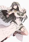  1girl anatolia_(fire_emblem) black_hair blue_eyes blush breasts cape commentary_request dress fire_emblem fire_emblem:_fortune's_weave gonzarez gun hair_ornament handgun highres holding holding_gun holding_weapon large_breasts long_hair looking_at_viewer parted_lips purple_eyes salamander_(fire_emblem) shoes simple_background solo veil weapon white_cape white_dress white_headdress 