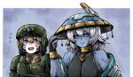  1boy 1girl antennae armor astra_militarum bare_shoulders blue_skin border borrowed_character bracelet character_request colored_sclera colored_skin commentary english_commentary hat helmet highres jewelry long_hair necklace octosoup partially_bordered t'au tagme trap warhammer_40k white_border white_hair 