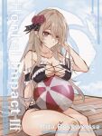  1girl absurdres ball bandaid bandaid_on_knee bandaid_on_leg beachball black_one-piece_swimsuit breasts brown_hair character_name chinese_commentary cleavage closed_mouth collarbone commentary copyright_name dated fibonacci_no_usagi flower hair_flower hair_ornament highres honkai_(series) honkai_impact_3rd large_breasts long_hair looking_at_viewer mole mole_under_eye one-piece_swimsuit purple_eyes purple_flower purple_rose rita_rossweisse rita_rossweisse_(summer_2022) rose smile solo strapless strapless_one-piece_swimsuit swimsuit very_long_hair wooden_floor 