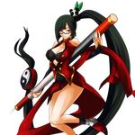  :&lt; bangs black_bra black_hair blazblue blazblue:_continuum_shift blunt_bangs boots bra breasts china_dress chinese_clothes cleavage cleavage_cutout dress fighting_stance glasses hair_ornament katou_yuuki lao_jiu large_breasts legs lingerie litchi_faye_ling long_hair naughty_face official_art panda ponytail red_eyes side_ponytail smile solo staff transparent_background turtleneck underwear very_long_hair weapon yin_yang 