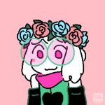 1:1 ambiguous_gender anthro arm_warmers armwear black_arm_warmers black_armwear black_clothing black_heart blue_flower blush bovid caprine clothing darkner deltarune eyebrows eyewear floppy_ears flower flower_crown glasses goat green_clothing green_leaves green_robe looking_down mammal pink_background pink_eyes pink_flower pink_scarf plant ralsei robe scarf simple_background simple_mouth smile solo tinted_glasses trans_(lore) undertale_(series) vertexxx watermark white_body white_ears