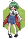  1girl :d absurdres antennae black_neckerchief black_shoes blue_shorts blush cape collared_shirt commentary_request full_body green_eyes green_hair highres komugi_zora long_sleeves neckerchief open_mouth red_cape shirt shirt_tucked_in shoes short_hair shorts smile socks solo standing touhou white_shirt white_socks wriggle_nightbug 