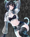  1girl abs absurdres animal_ears aqua_eyes arm_behind_head belt black_belt black_gloves black_hair black_shorts black_tube_top body_markings breasts buckle character_brooch collarbone commentary crop_top cropped_jacket cyber_fashion cyborg dark_background dolphin_shorts drawstring erina_makina erina_makina_(codename:_automaton) eyewear_on_head gloves glowing_markings gradient_background grey_background hair_intakes hair_tie half-closed_eyes heterochromia high_collar highres holographic_ears hood hood_down hoodie jacket linea_alba long_hair looking_at_viewer looking_down makinist_(erina_makina) maximum_pamyu micro_shorts midriff multiple_belts navel number_print official_alternate_costume official_alternate_hairstyle open_clothes open_jacket parted_lips patterned_background paw_print_ornament phase_connect pink_eyes safety_glasses see-through_clothes see-through_sleeves shorts side_ponytail sidelocks single_thighhigh snap-fit_buckle solo spy strapless tail teeth textless_version thighhighs tiger_ears tiger_girl tiger_tail tube_top underbust untranslatable_commentary upper_teeth_only variant_set virtual_youtuber white_belt white_jacket white_tiger_print 