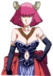  1girl aura_(sousou_no_frieren) aura_(sousou_no_frieren)_(cosplay) bare_shoulders blue_eyes breasts broken_horns cleavage clothing_cutout commentary_request cosplay demon_horns elbow_gloves gloves gold_necklace gundam gundam_zz haman_karn hand_on_own_hip horns jewelry large_breasts makizusich navel navel_cutout necklace overskirt pink_hair solo sousou_no_frieren upper_body 