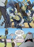 2026 absurd_res ambiguous_gender anthro anthrofied badge bandage bandage_on_face black_body claws clothed clothing comic dialogue digital_media_(artwork) eeveelution english_text generation_2_pokemon generation_3_pokemon generation_5_pokemon grauf_(odeko-yma) group harmony_scarf hi_res lucky_(odeko-yma) male mienshao mightyena nintendo odeko-yma pokeball_symbol pokemon pokemon_(species) pokemon_mystery_dungeon pokemorph red_eyes signature smile speech_bubble spike_chunsoft tail talking_to_another text trio umbreon uniform yellow_sclera