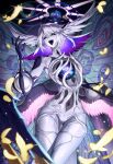  1girl aqua_eyes ass_visible_through_thighs athena_(ff14) bba_(bba_rkgk) black_sclera black_skin bright_pupils chain_halo colored_extremities colored_eyelashes colored_inner_hair colored_sclera colored_skin commentary_request cowboy_shot falling_feathers feathered_wings feathers final_fantasy final_fantasy_xiv halo halo_behind_head hand_up head_wings highres hole_on_body insect_wings korean_commentary looking_at_viewer low_wings mixed_wings monster_girl moth_wings multicolored_eyes multicolored_hair multicolored_skin multiple_wings open_mouth orb purple_eyes purple_hair purple_halo short_hair smile solo spiked_halo two-tone_eyes two-tone_hair two-tone_skin white_eyelashes white_hair white_pupils white_skin wings 