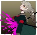  1girl absurdres bleeding blood braid commission danganronpa_(series) danganronpa_2:_goodbye_despair death dreamalgia glasses guro highres injury intestines long_hair pekoyama_peko red_eyes school_uniform serafuku twin_braids 